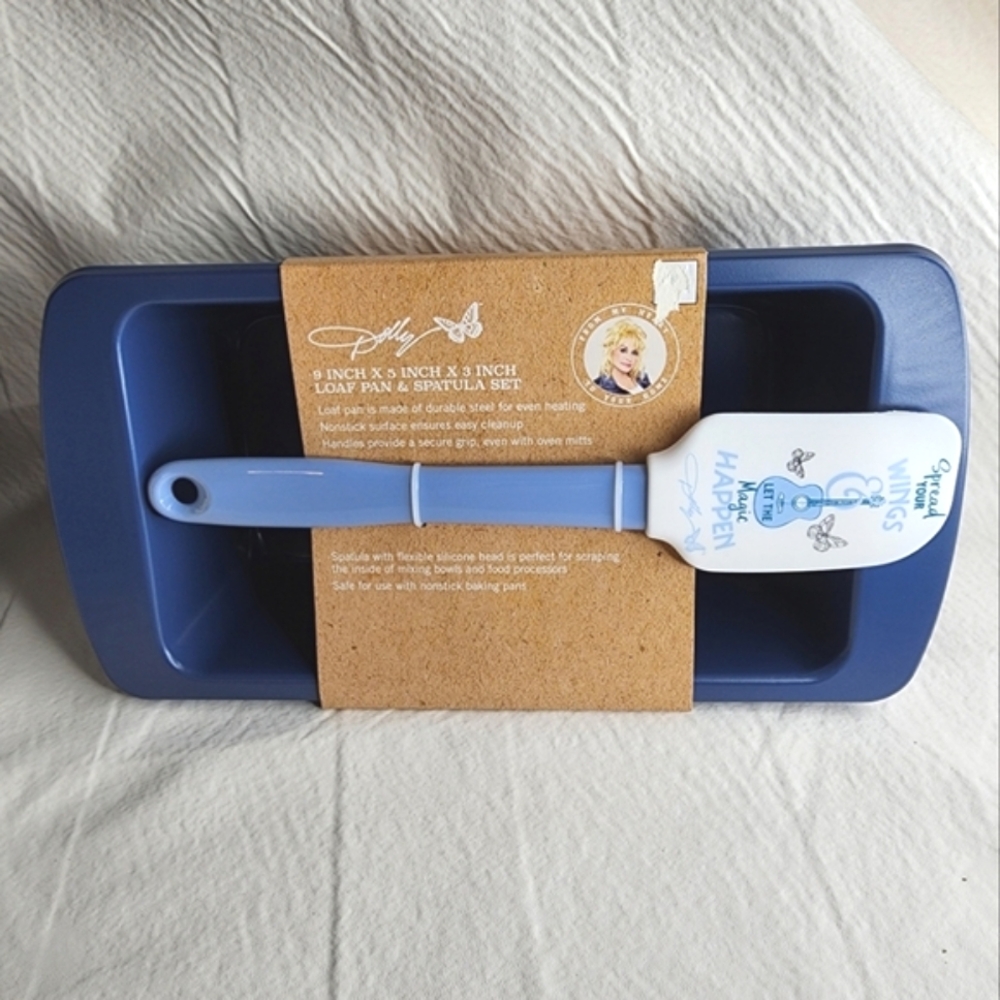 Dolly Parton Home Loaf Pan 9"x5"x 3" and Spatula Set Blue Spread Your Wings NWT